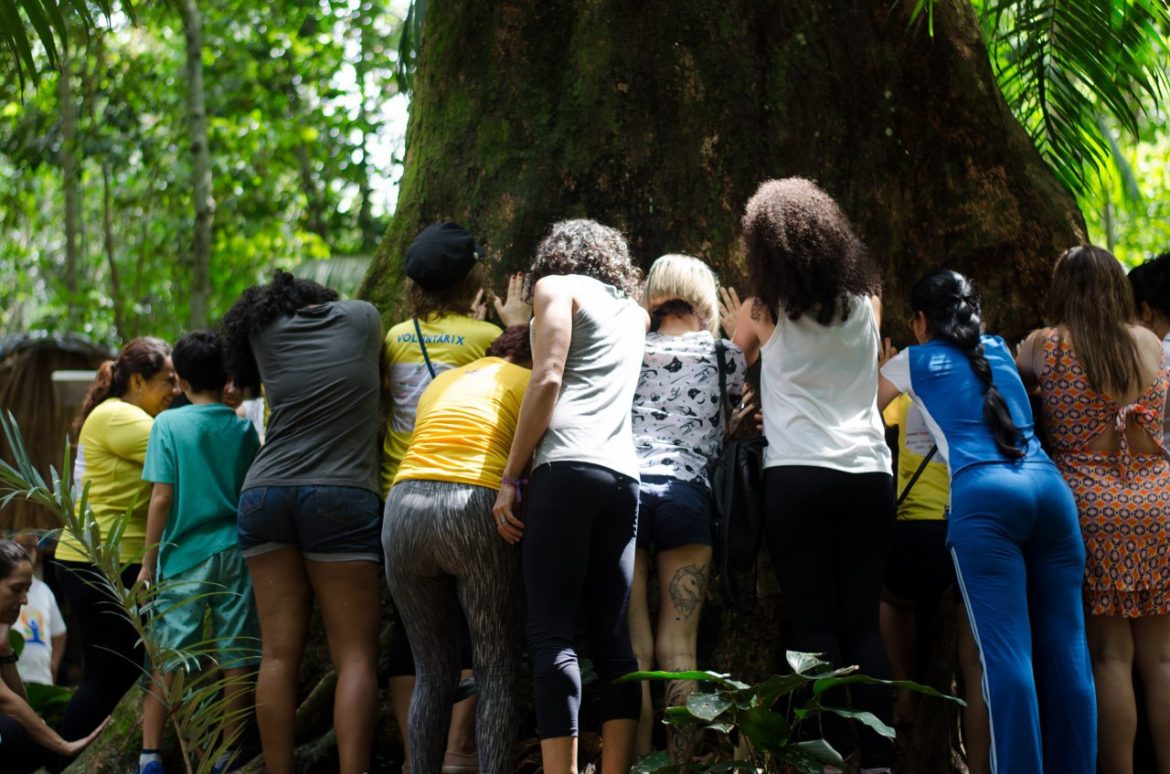 Grupo de pessoas com suas mãos apoiadas na árvore, durante atividade realizada pela Virada Sustentável Manaus, organizada pela Fundação Amazônia Sustentável (FAS).
