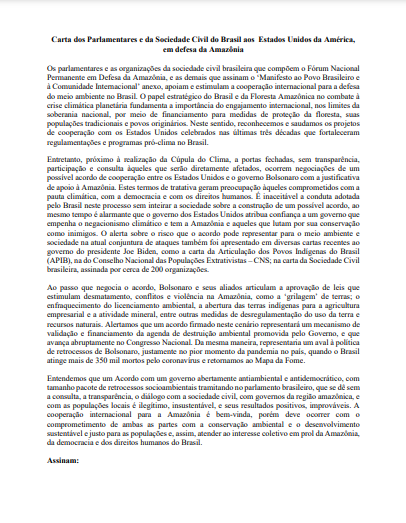 Carta de parlamentares e da sociedade civil do Brasil aos Estados Unidos, em defesa da Amazônia.