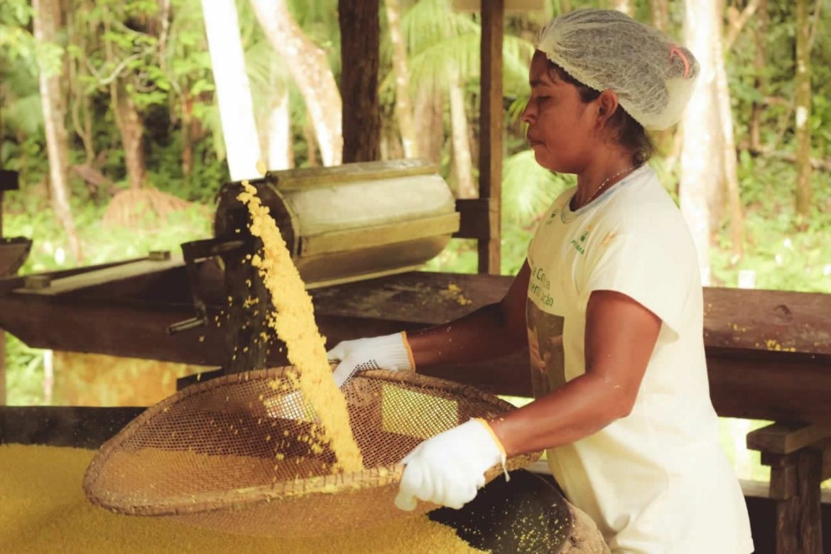 Mulher fazendo farinha no interior do Amazonas.