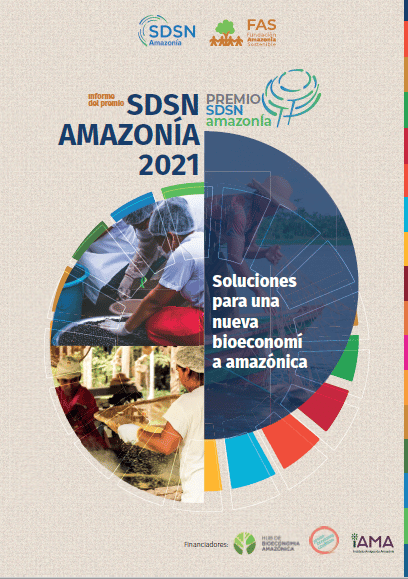 Capa de publicação em espanhol da SDSN Amazônia e Fundação Amazônia Sustentável (FAS).
