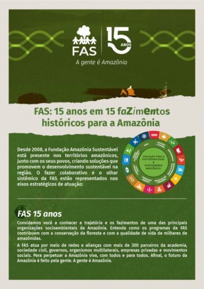 Capa de publicação feita em comemoração aos 15 anos da Fundação Amazônia Sustentável (FAS).