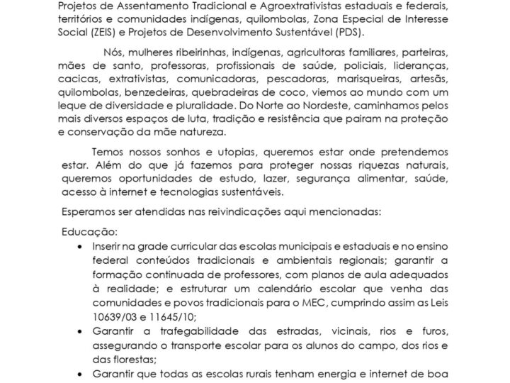 Carta da Rede de Mulheres protetoras e defensoras das águas e das florestas  do Norte e Nordeste