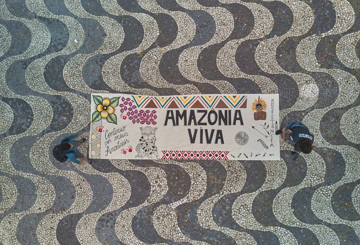 Faixa pintada à mão escrito: Amazônia viva.
