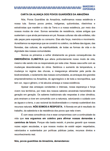 Carta da Aliança dos Povos Guardiões da Amazônia