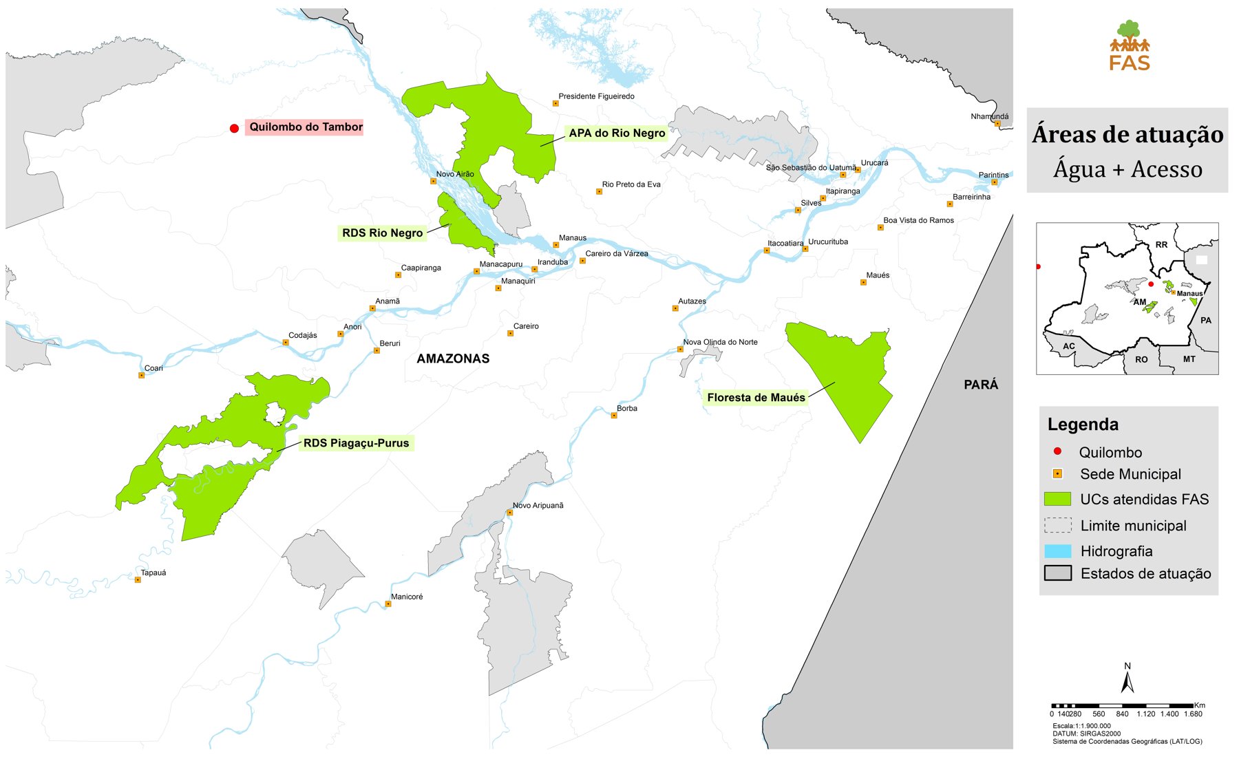 Mapa das comunidades atendidas pelo programa Água + Acesso no Amazonas